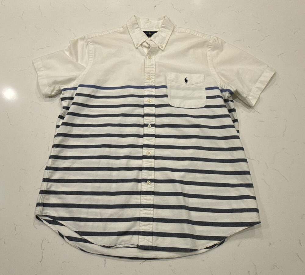 Polo Ralph Lauren Classic Fit Button Down Shirt Size L White Blue Striped